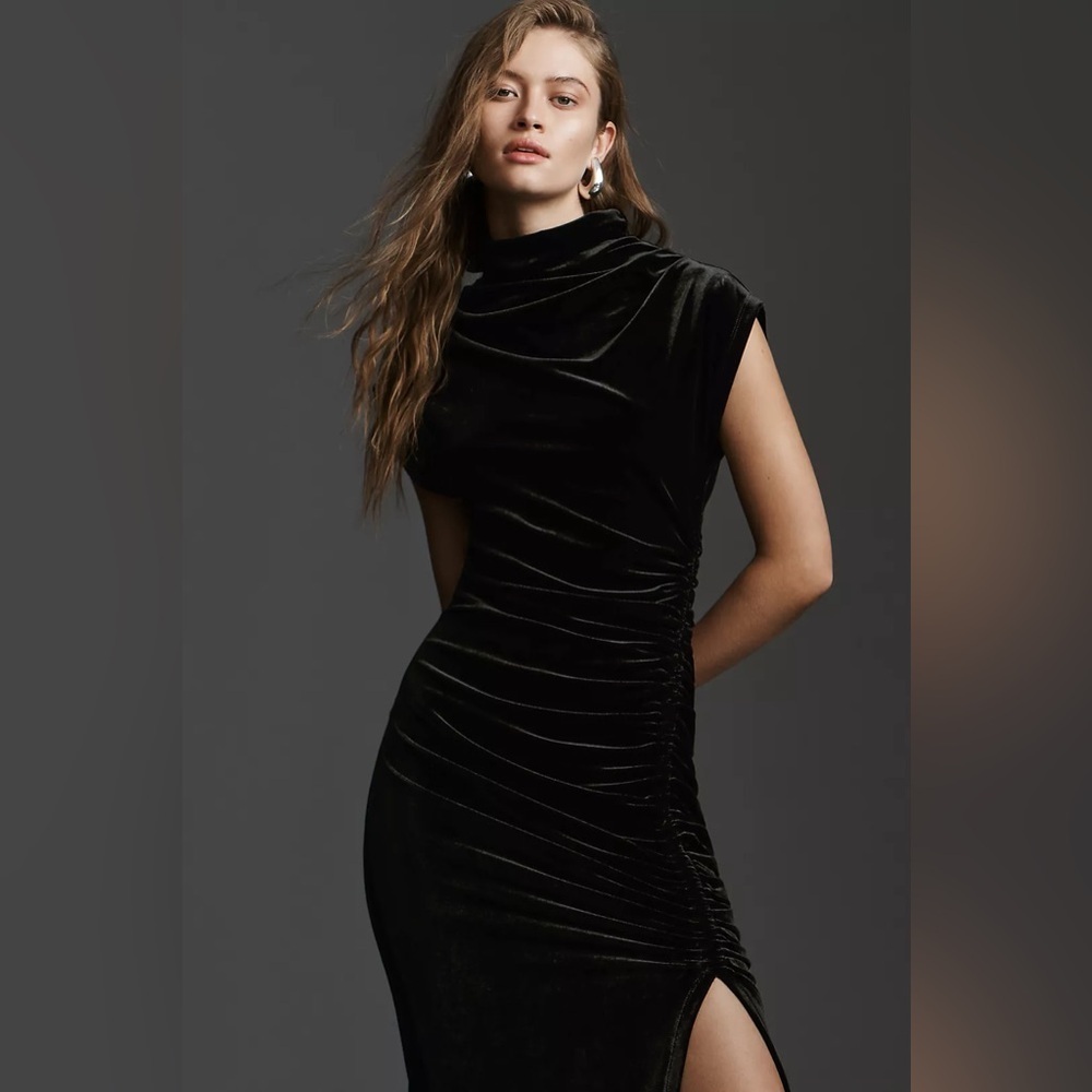 Anthropologie Black Velvet Turtle Neck Sleeveless Cinched Hip Midi Dress - Picture 2 of 12